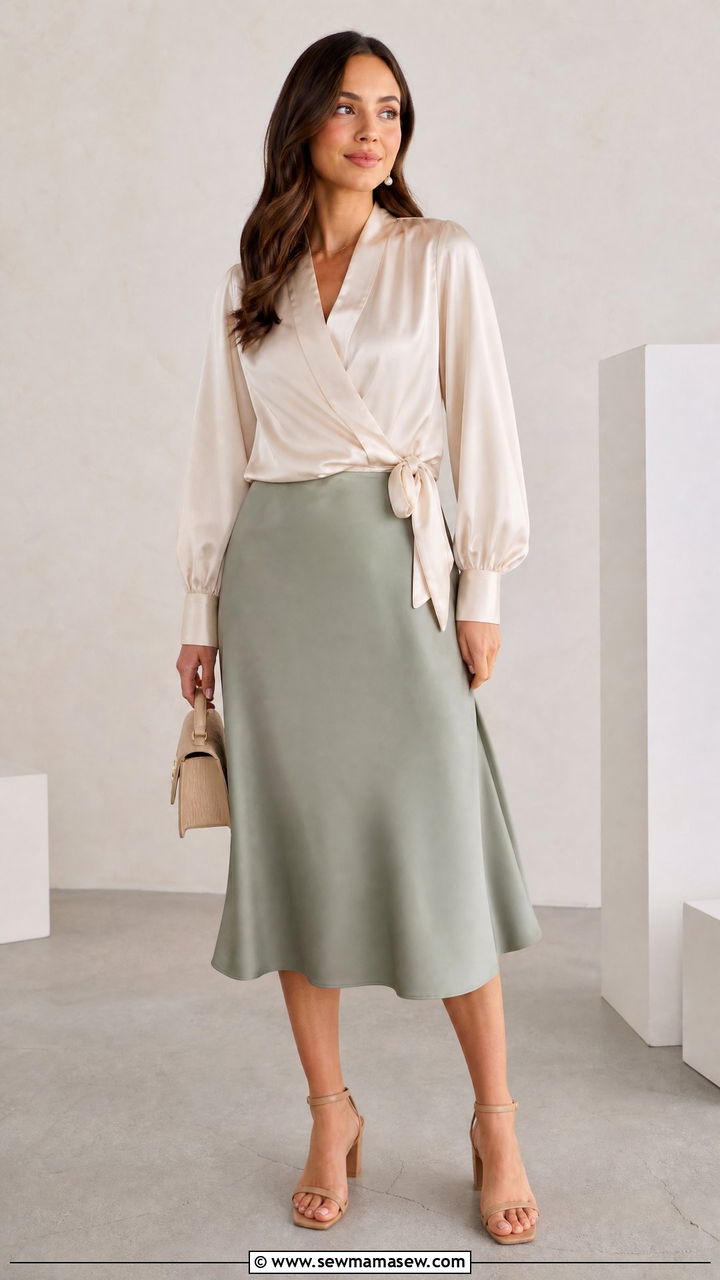 Plus Size Satin Wrap Blouse With Midi Skirt - 20 plus size wrap blouse outfit ideas