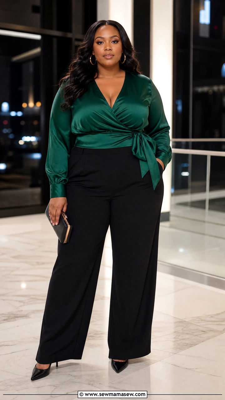 Plus Size Satin Wrap Top Outfit - 20 plus size dressy top outfit ideas