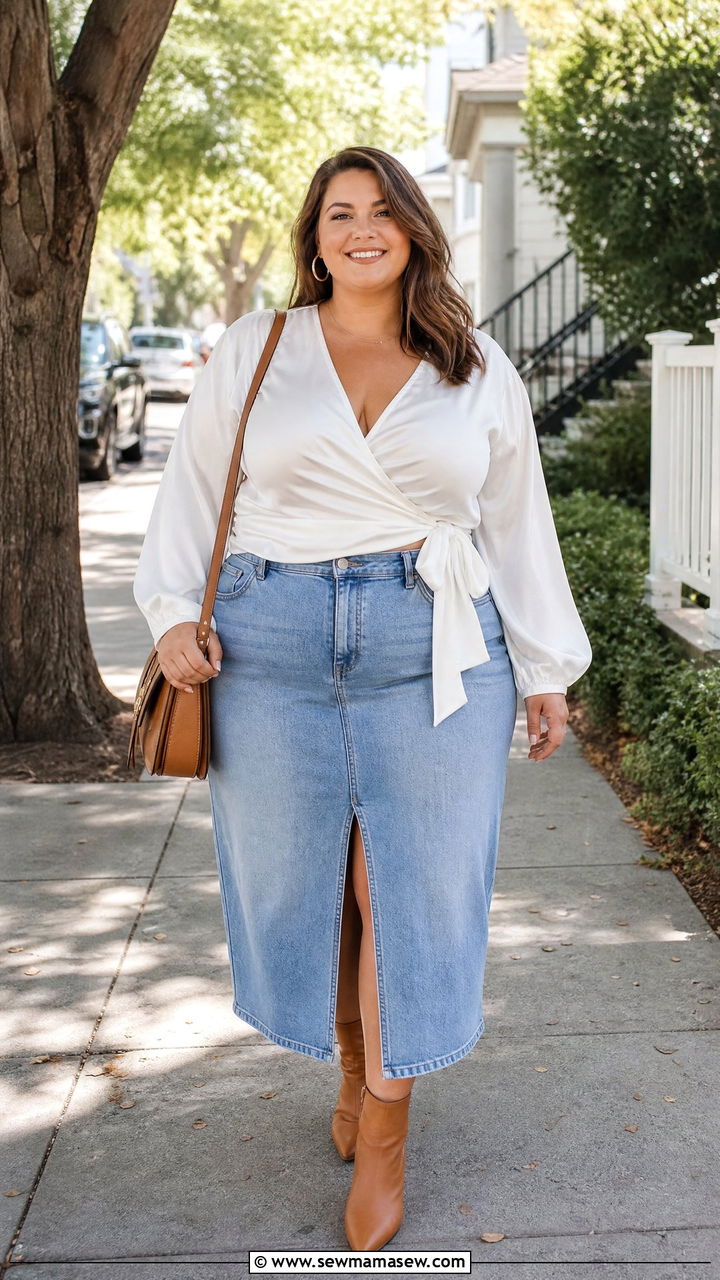 Plus Size Satin Wrap Top With A Denim Skirt - 20 plus size satin wrap top outfit ideas
