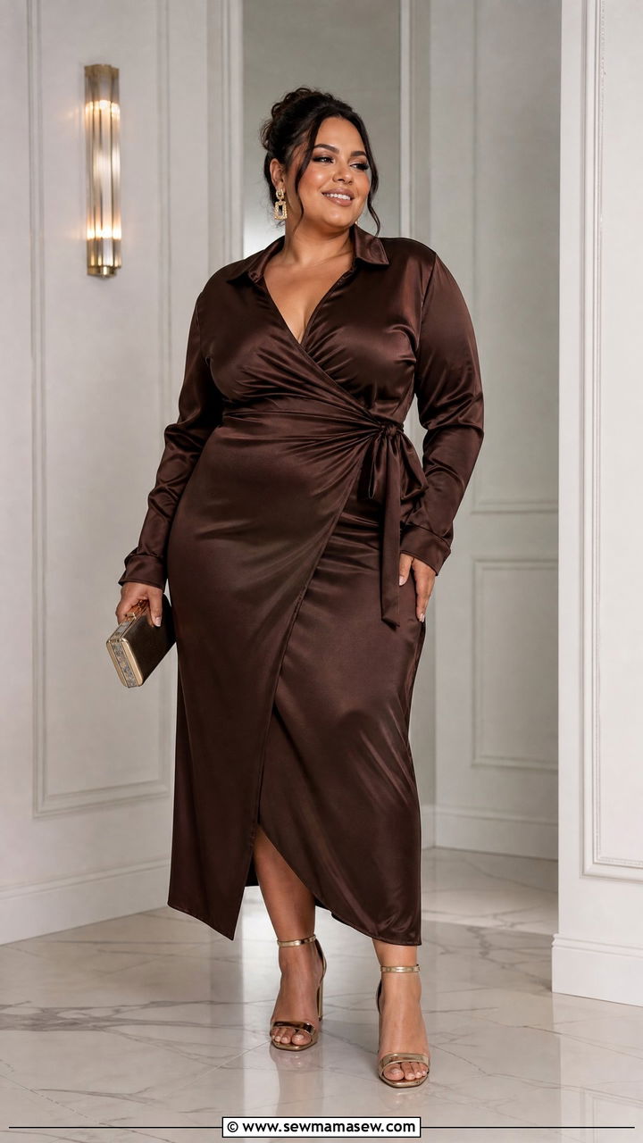 Plus Size Satin Wrap Top With A Matching Satin Skirt - 20 plus size satin wrap top outfit ideas