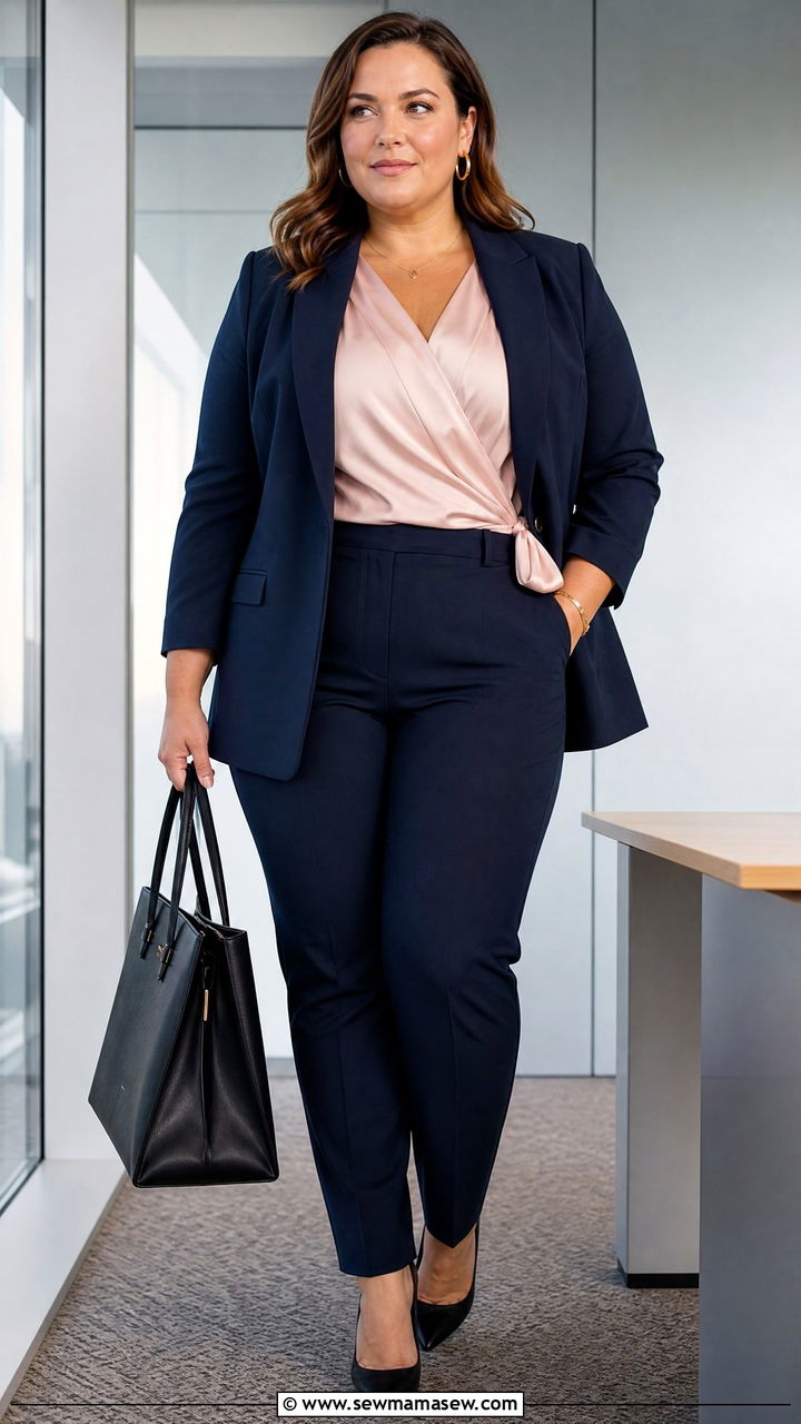 Plus Size Satin Wrap Top With A Suit Set - 20 plus size satin wrap top outfit ideas