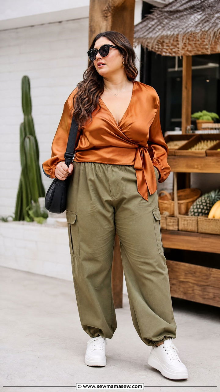 Plus Size Satin Wrap Top With Cargo Pants - 20 plus size satin wrap top outfit ideas