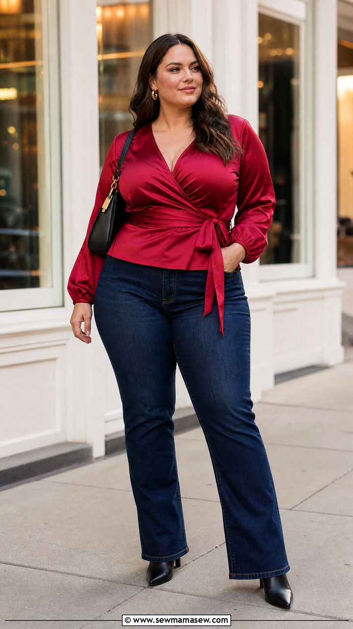 Plus Size Satin Wrap Top With Dark Wash Jeans - 20 plus size satin wrap top outfit ideas