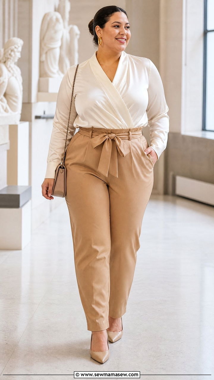 Plus Size Satin Wrap Top With Paperbag Waist Pants - 20 plus size satin wrap top outfit ideas