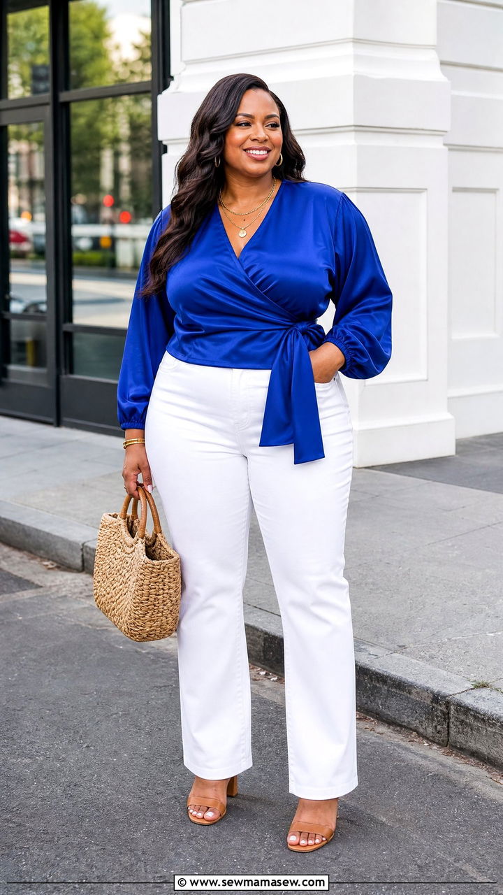 Plus Size Satin Wrap Top With White Jeans - 20 plus size satin wrap top outfit ideas