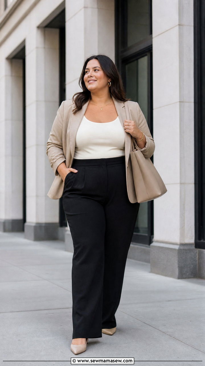 Plus Size Scoop Neck Tank Top With Blazer And Trousers - 20 plus size scoop neck tank top outfit ideas
