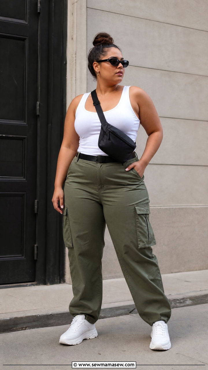Plus Size Scoop Neck Tank Top With Cargo Pants - 20 plus size scoop neck tank top outfit ideas