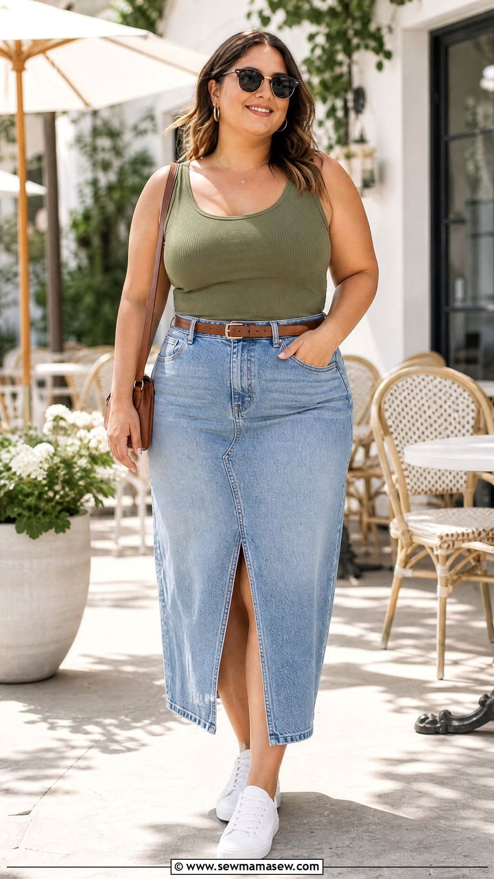 Plus Size Scoop Neck Tank Top With Denim Skirt - 20 plus size scoop neck tank top outfit ideas