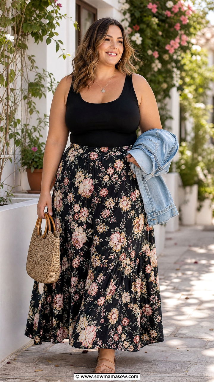 Plus Size Scoop Neck Tank Top With Maxi Skirt - 20 plus size scoop neck tank top outfit ideas