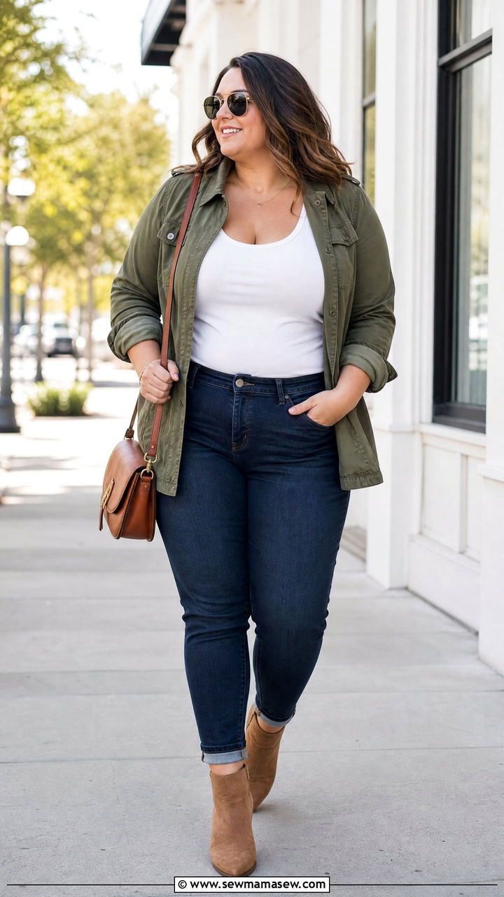 Plus Size Scoop Neck Tank Top With Utility Jacket - 20 plus size scoop neck tank top outfit ideas