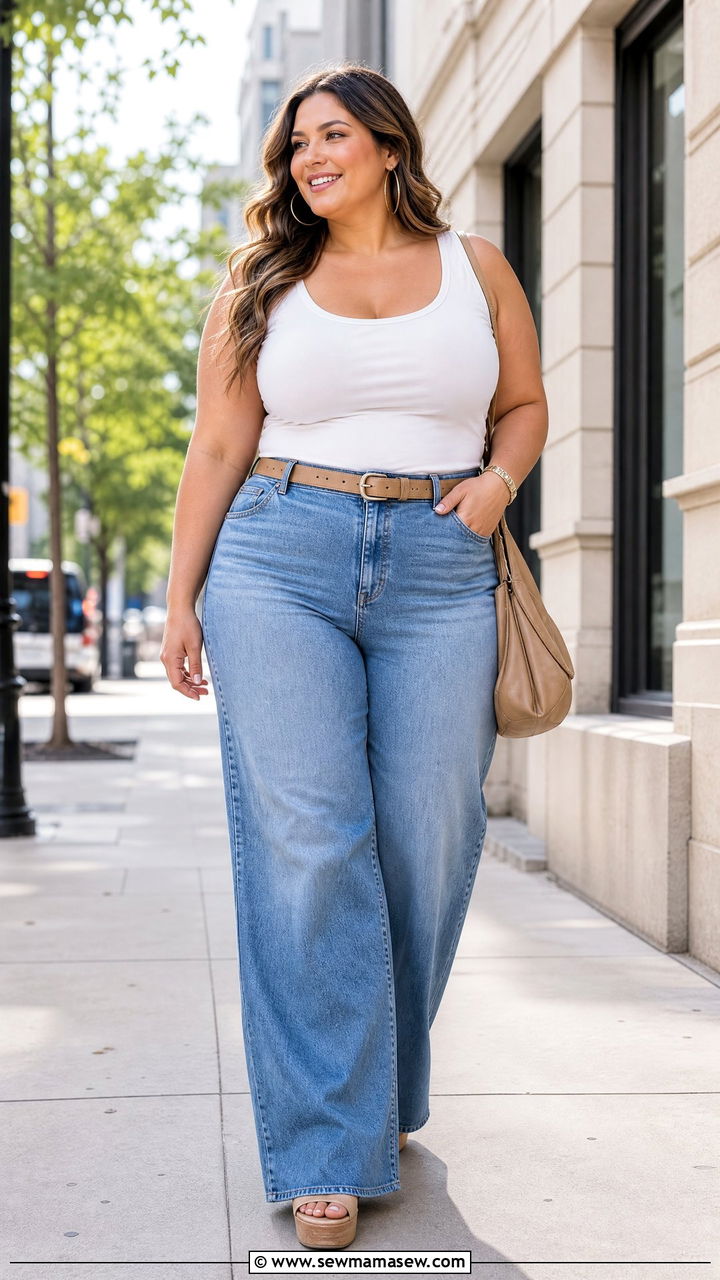 Plus Size Scoop Neck Tank Top With Wide Leg Jeans - 20 plus size scoop neck tank top outfit ideas