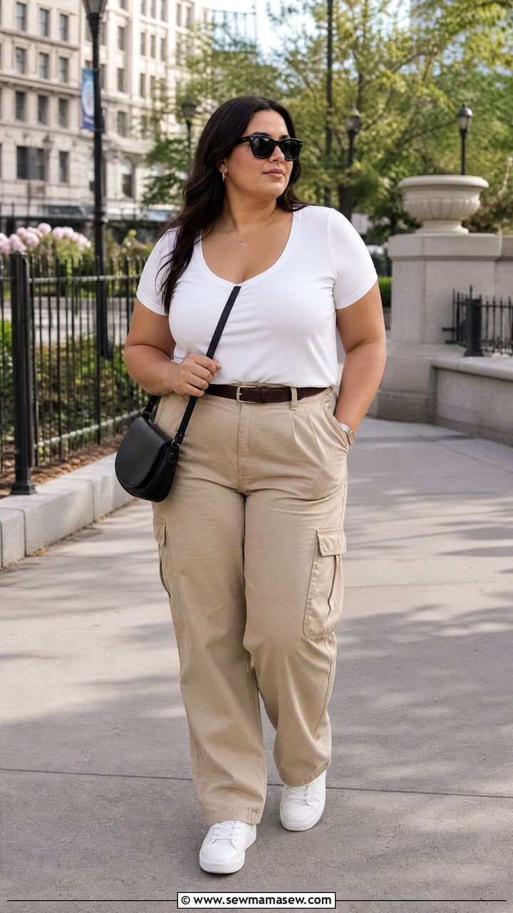 Plus Size Scoop Neck Tee With Cargo Pants Outfit - 20 plus size outfits for broad shoulders