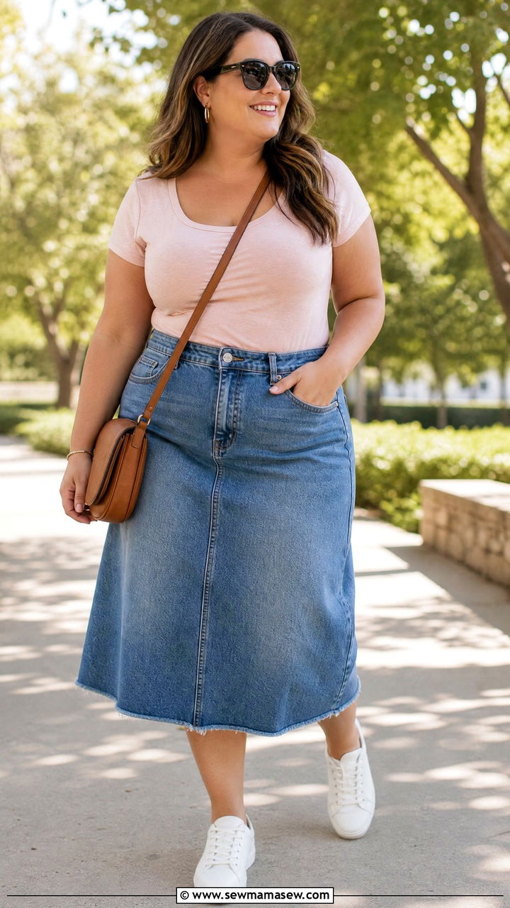 Plus Size Scoop Neck Tee With Denim Skirt - 20 plus size tops for big bust outfit ideas