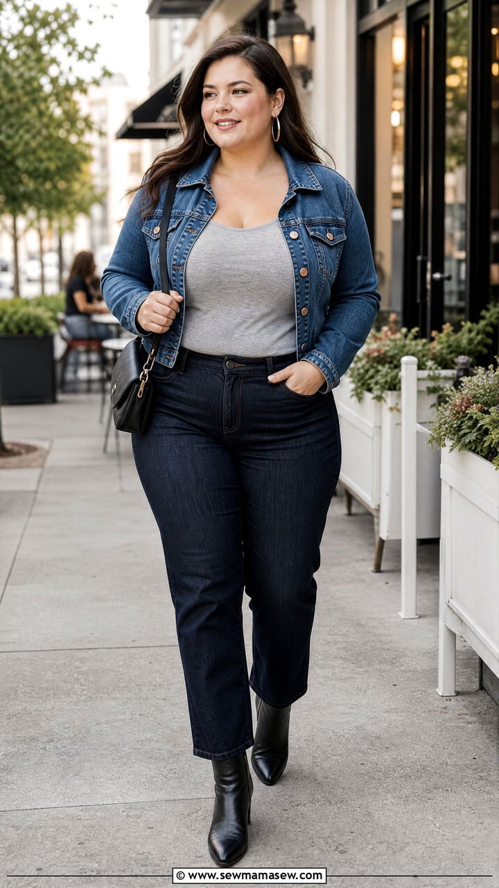 Plus Size Scoop Neck Top With Denim Jacket - 20 plus size scoop neck top outfit ideas