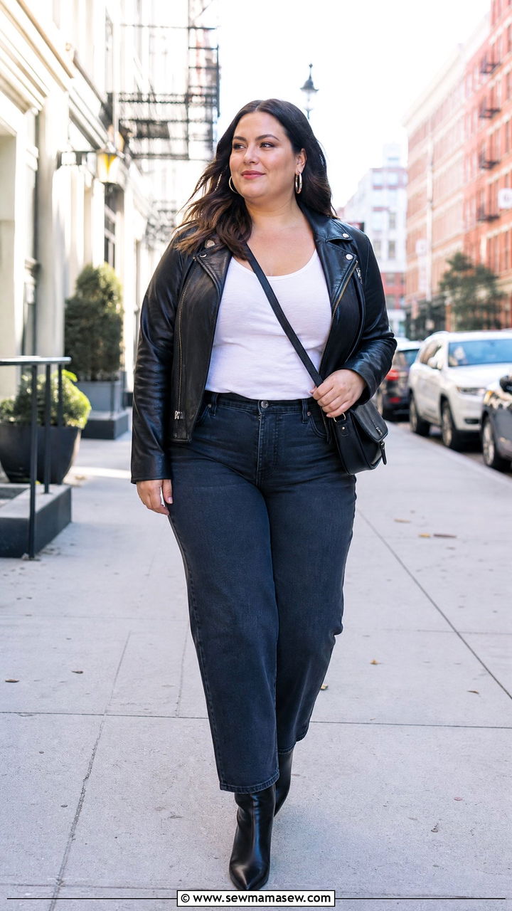 Plus Size Scoop Neck Top With Leather Jacket - 20 plus size scoop neck top outfit ideas