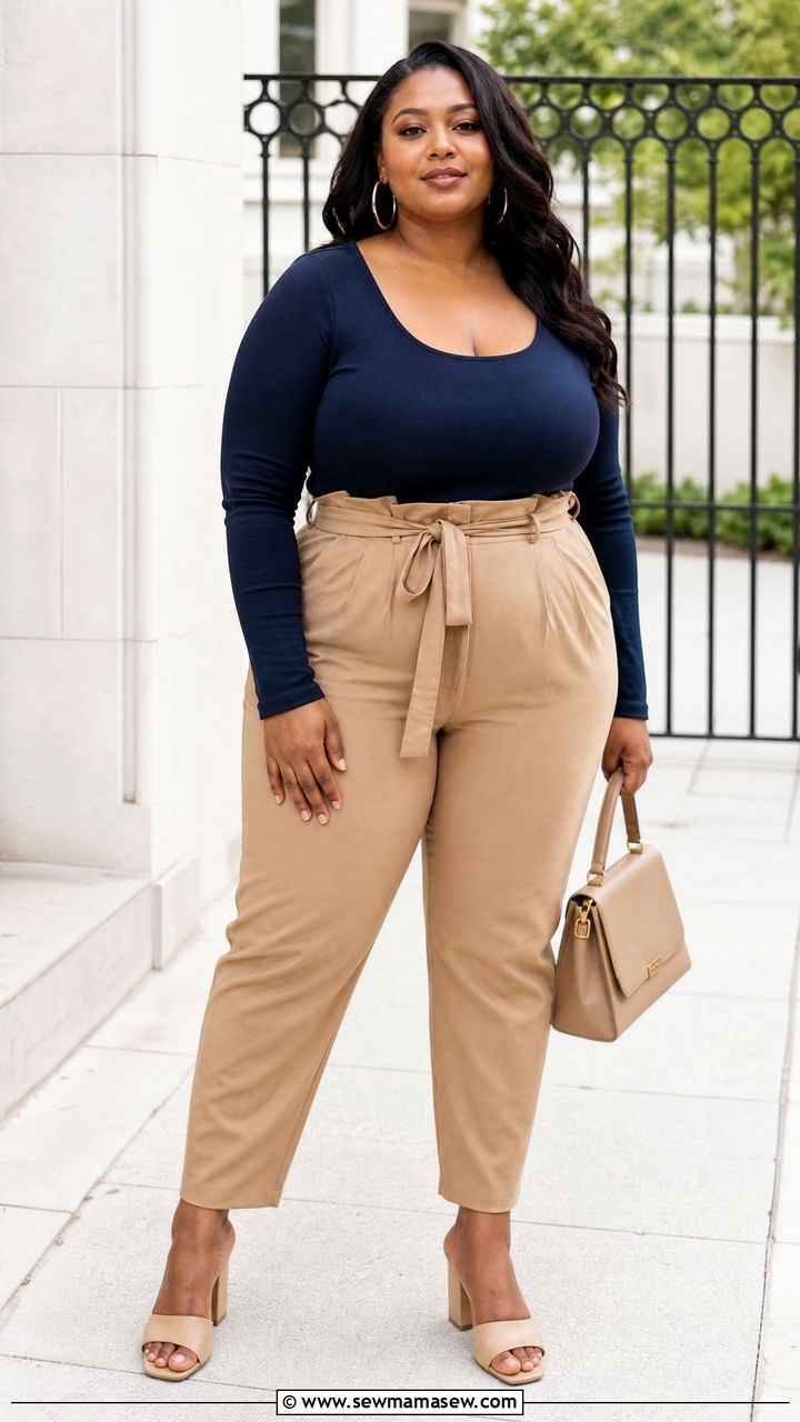 Plus Size Scoop Neck Top With Paper Bag Pants - 20 plus size scoop neck top outfit ideas
