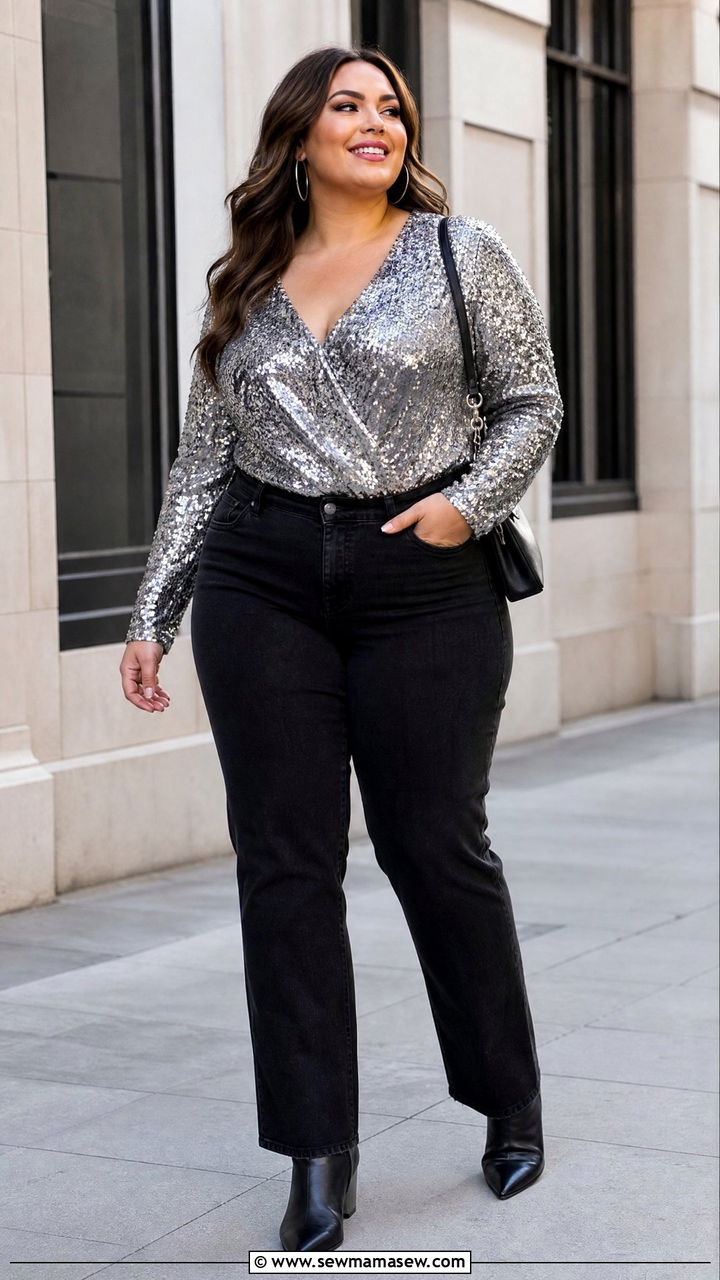 Plus Size Sequin Party Top With Black Jeans - 20 plus size party top outfit ideas