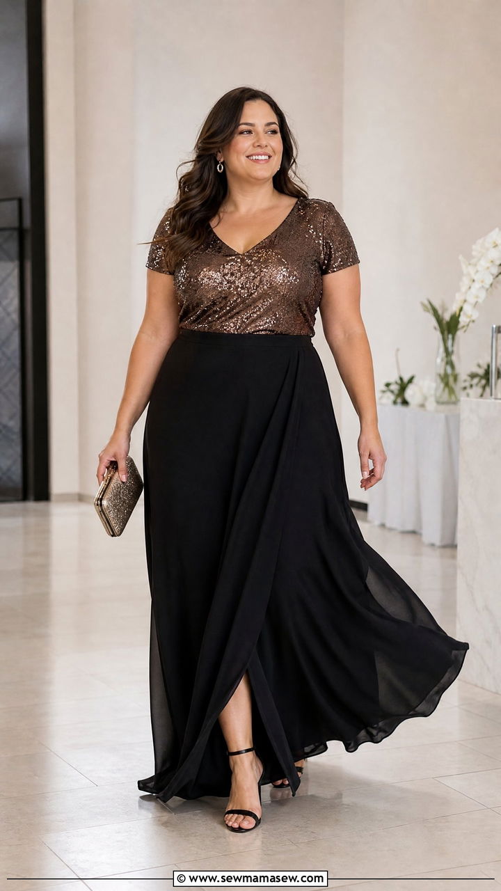 Plus Size Sequin Top With Black Maxi Skirt - 20 plus size sequin top outfit ideas