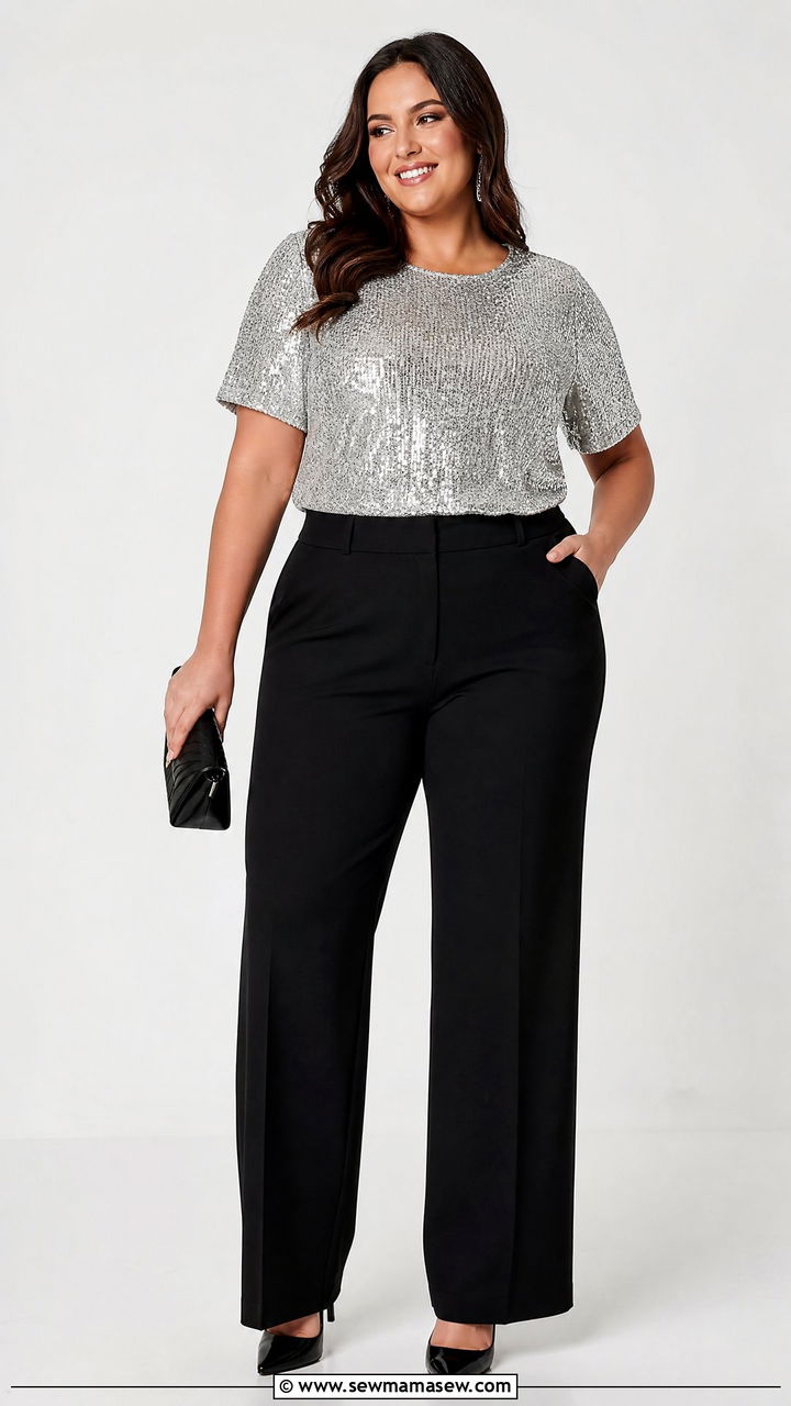 Plus Size Sequin Top With Black Pants And Heels - 20 plus size outfit ideas with heels
