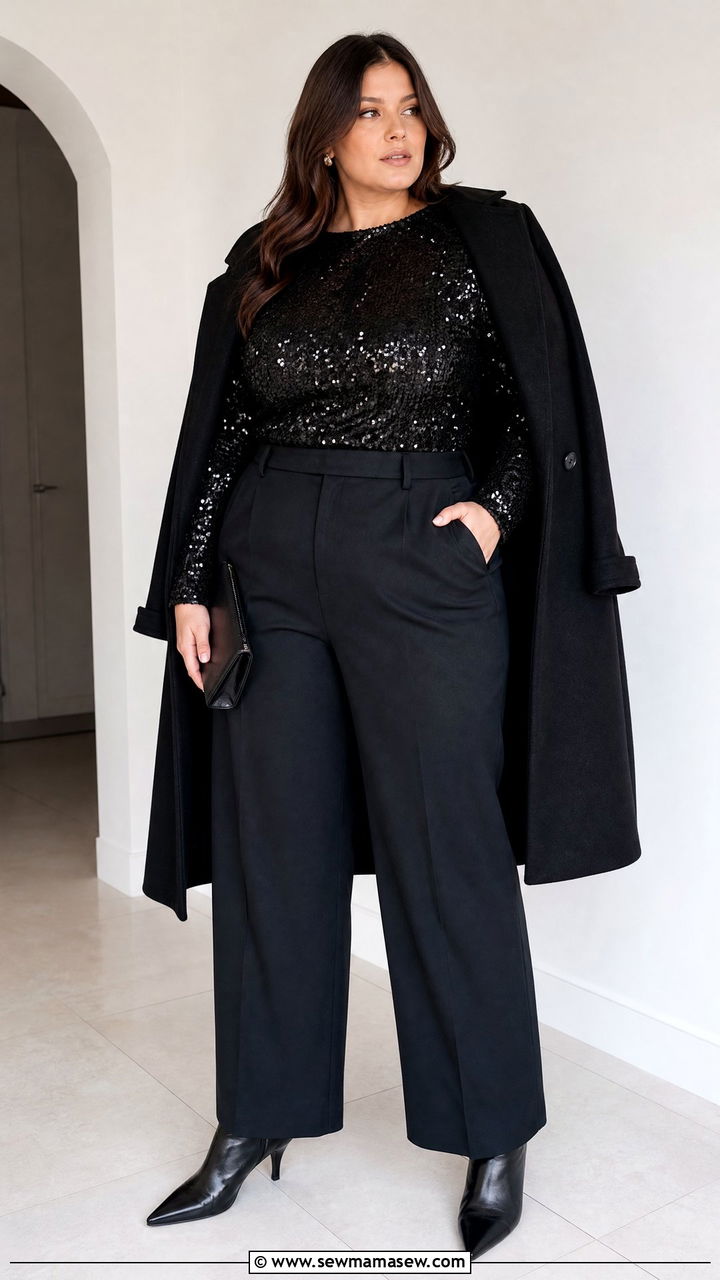 Plus Size Sequin Top With Black Trousers - 20 plus size winter date night outfit ideas
