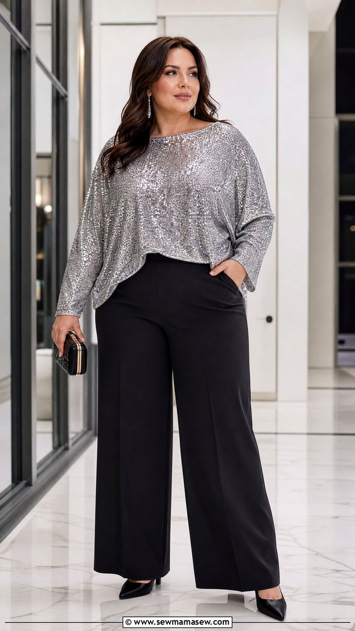 Plus Size Sequin Top With Black Wide Leg Pants - 20 plus size embellished top outfit ideas
