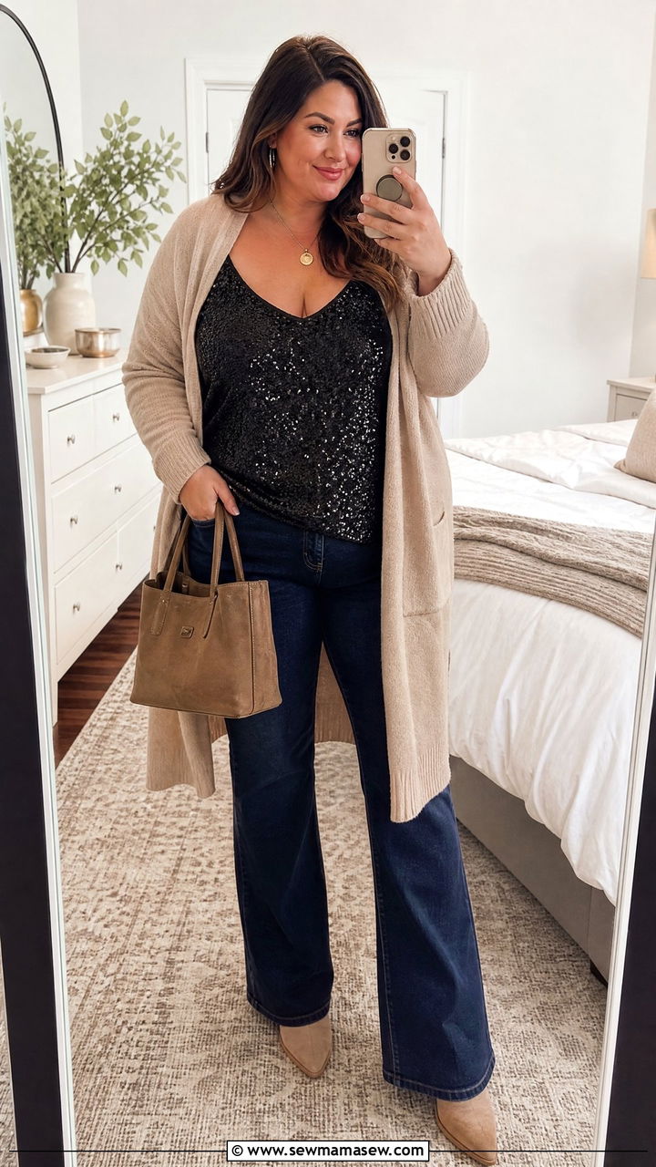 Plus Size Sequin Top With Cardigan And Jeans - 20 plus size sequin top outfit ideas