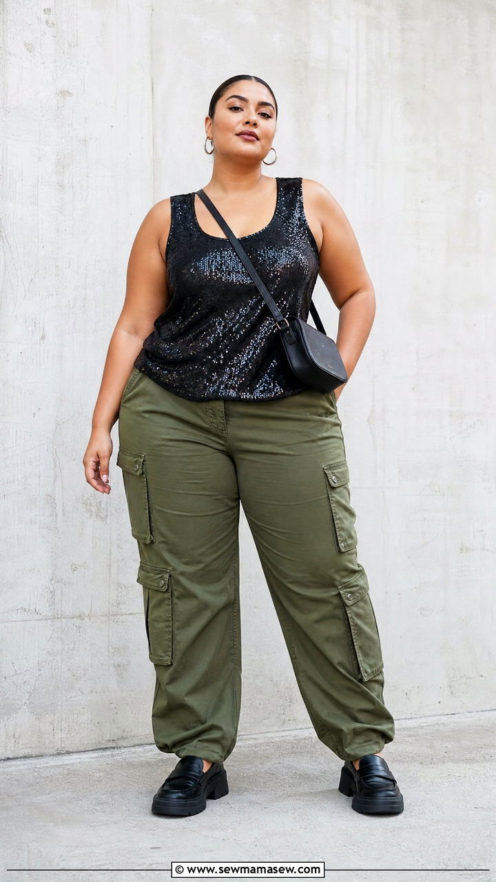 Plus Size Sequin Top With Cargo Pants - 20 plus size sequin top outfit ideas