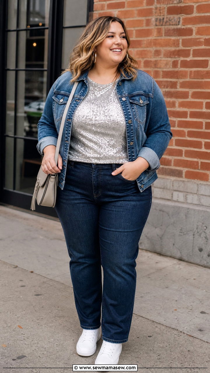 Plus Size Sequin Top With Denim Jacket - 20 plus size sequin top outfit ideas
