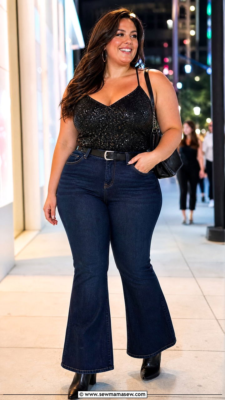 Plus Size Sequin Top With Flare Jeans - 20 plus size sequin top outfit ideas