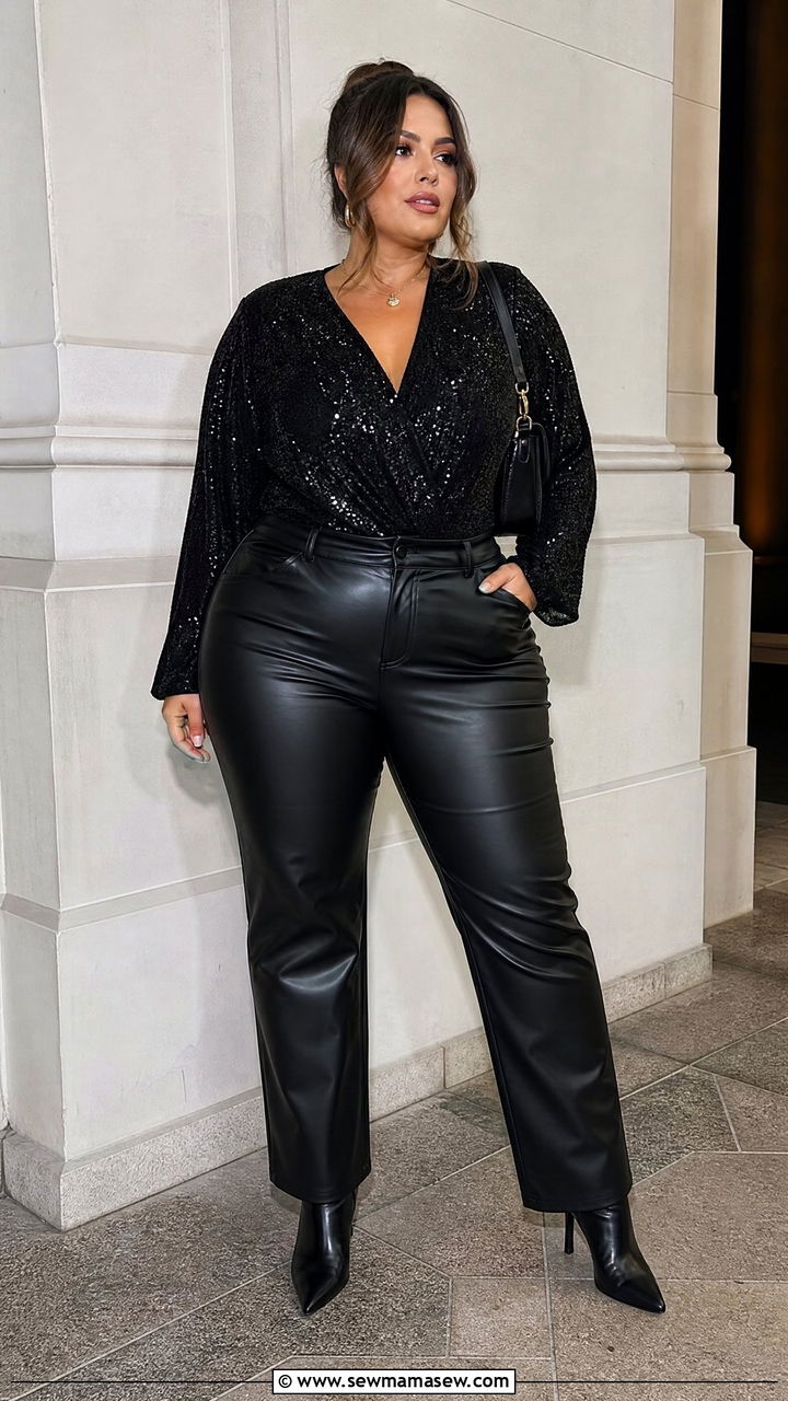 Plus Size Sequin Top With Leather Pants - 20 plus size sequin top outfit ideas