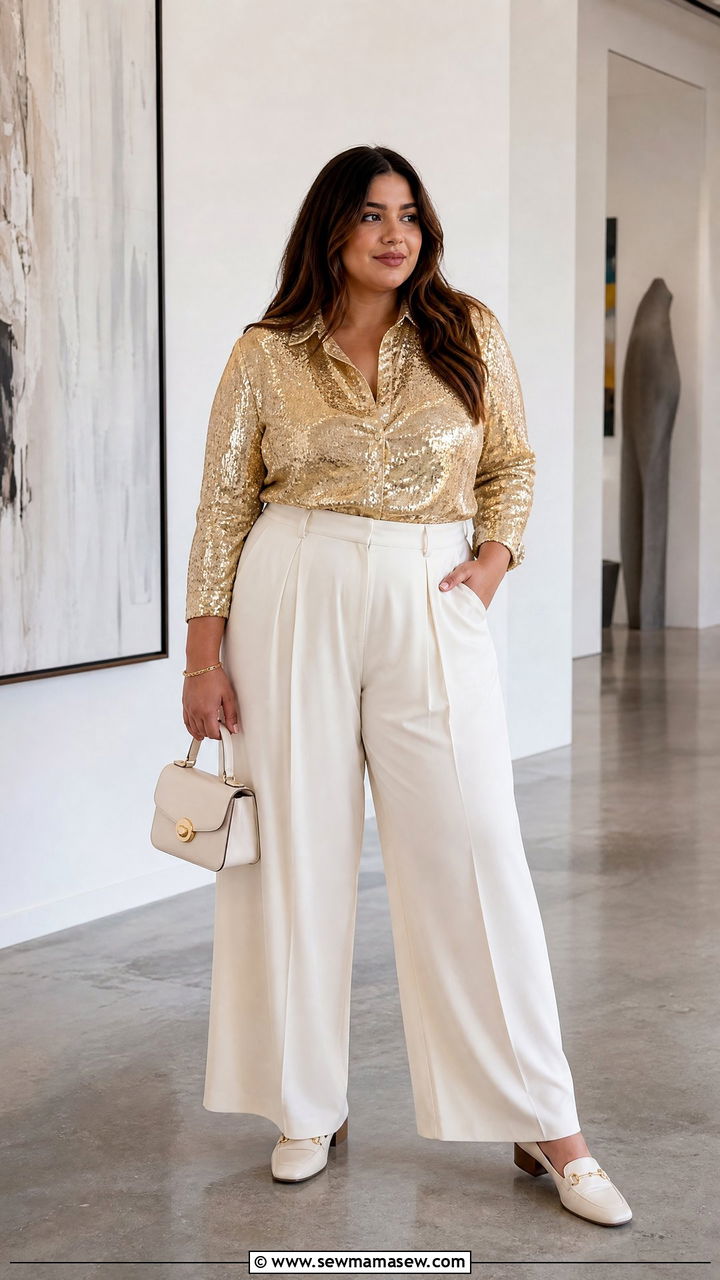 Plus Size Sequin Top With Pleated Pants - 20 plus size sequin top outfit ideas