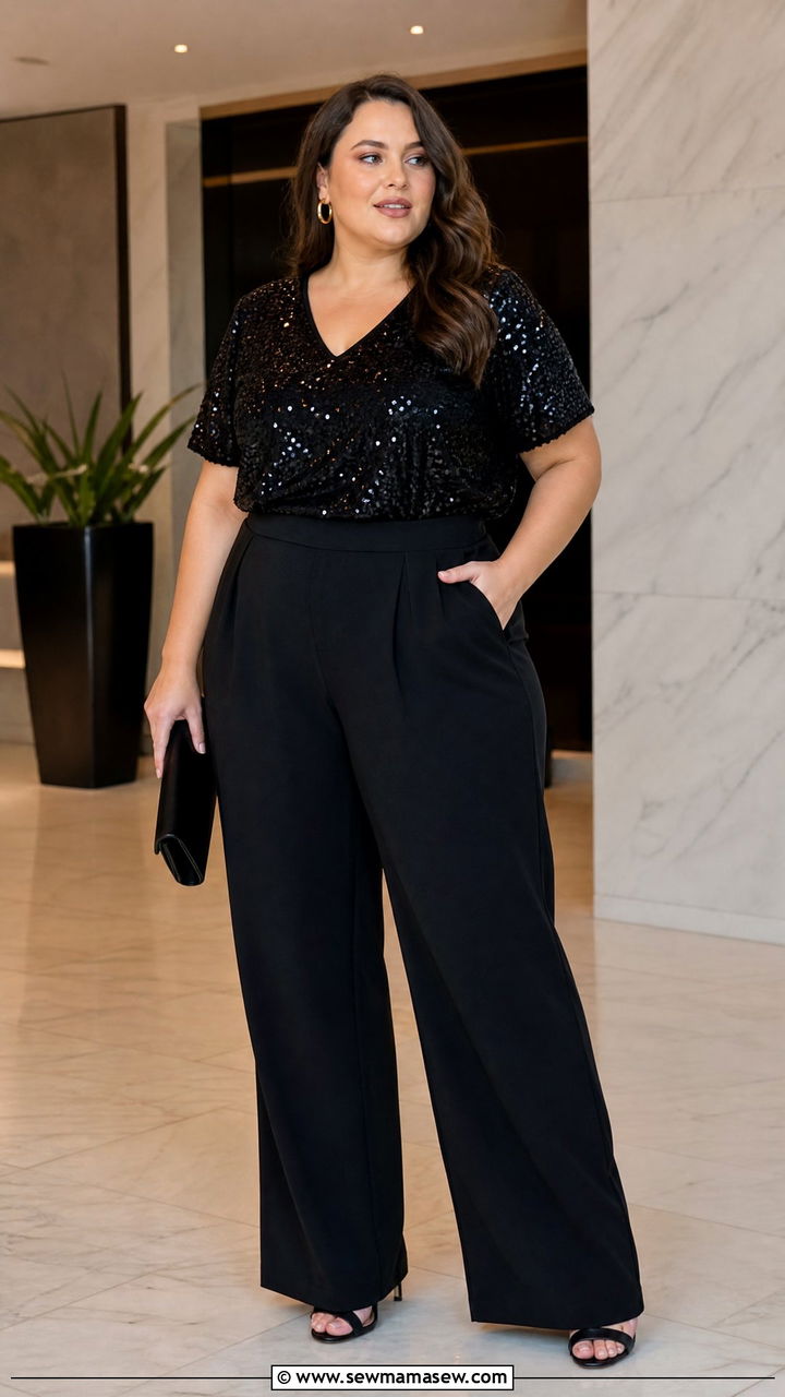 Plus Size Sequin Top With Tailored Trousers - 20 plus size date night top outfit ideas