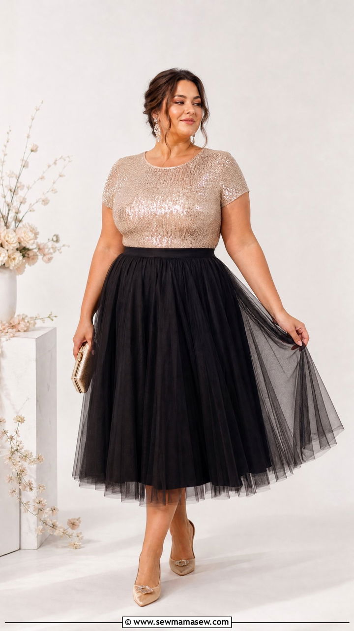Plus Size Sequin Top With Tulle Skirt - 20 plus size sequin top outfit ideas