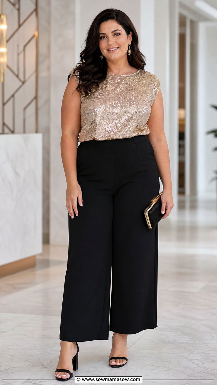 Plus Size Sequin Top With Wide Leg Pants - 20 plus size sequin top outfit ideas
