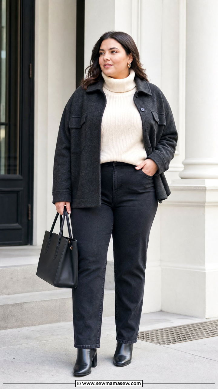 Plus Size Shacket With A Turtleneck - 20 plus size shacket outfit ideas