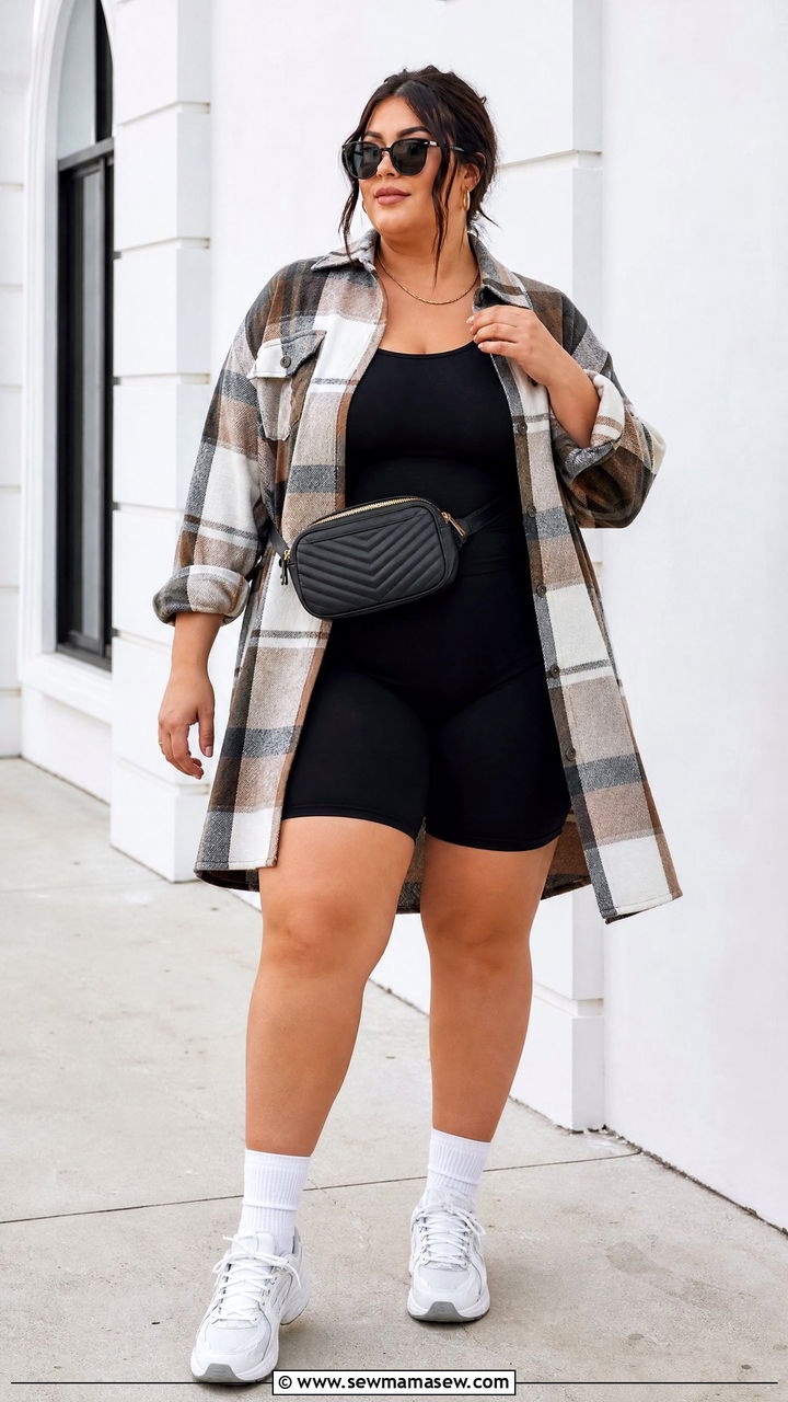 Plus Size Shacket With Biker Shorts - 20 plus size shacket outfit ideas