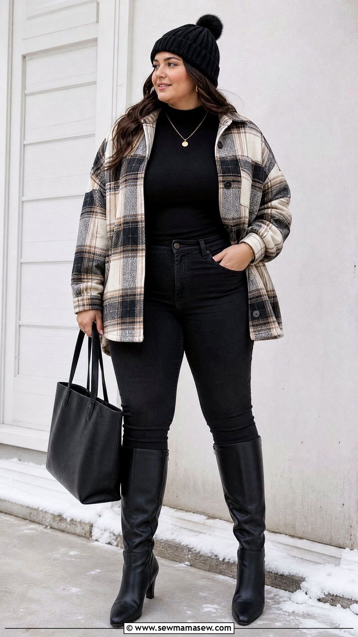 Plus Size Shacket With Boots And Skinny Jeans - 20 plus size winter outfit ideas with boots