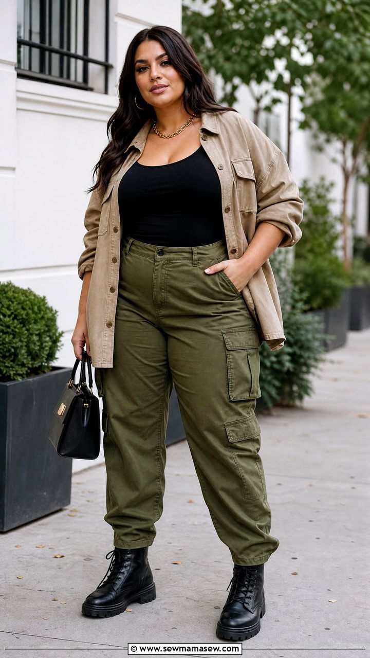 Plus Size Shacket With Cargo Pants - 20 plus size shacket outfit ideas