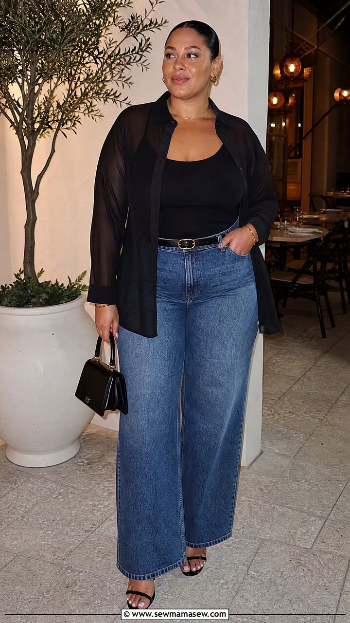 Plus Size Sheer Blouse With Cami And Jeans - 20 plus size summer going out top outfit ideas