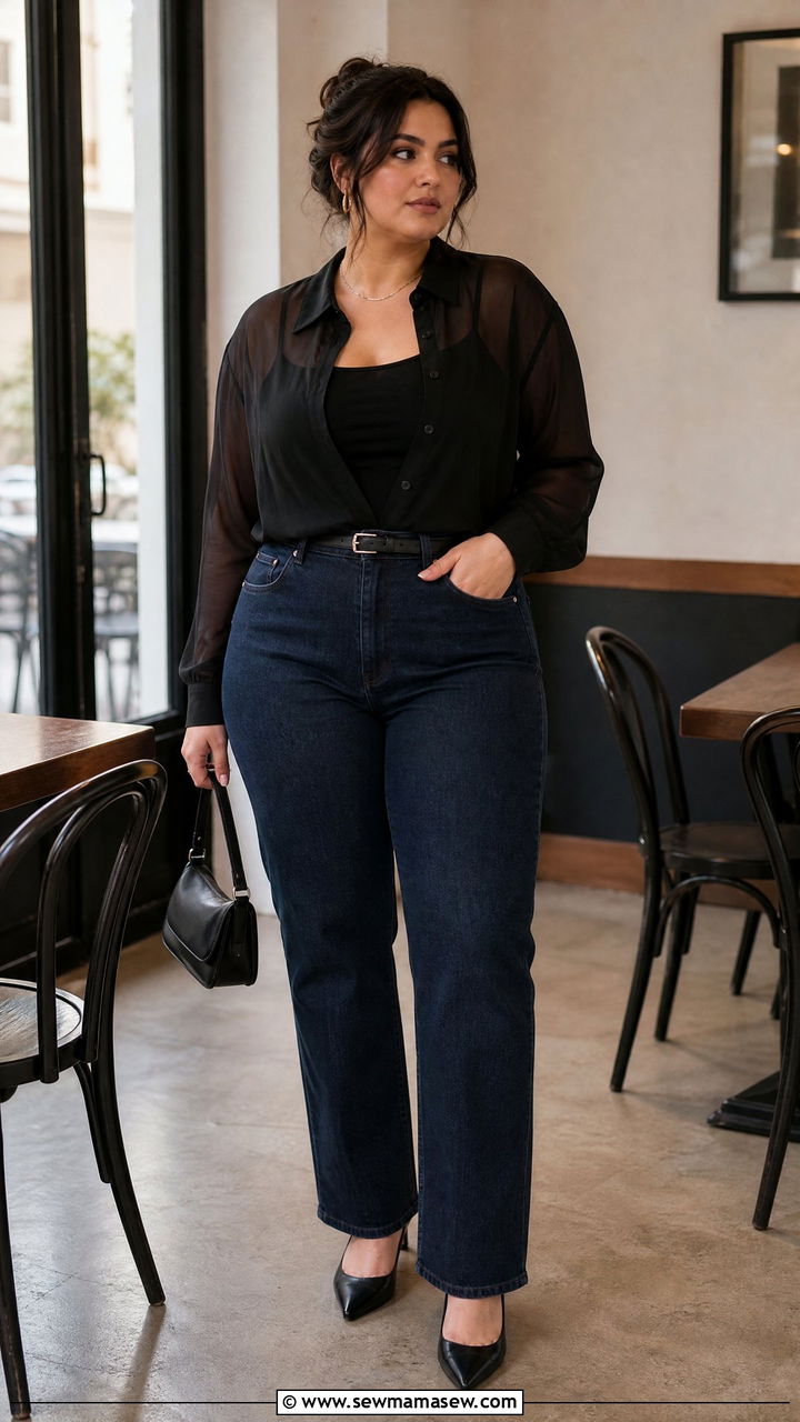 Plus Size Sheer Blouse With Camisole And Jeans - 20 plus size date night top outfit ideas
