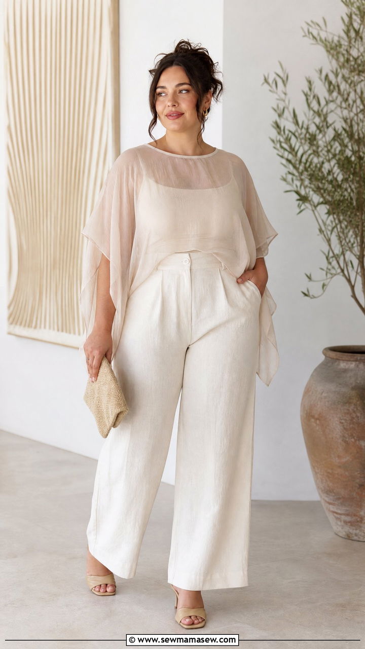 Plus Size Sheer Layer Top With Tank And Trousers - 20 plus size summer top outfit ideas