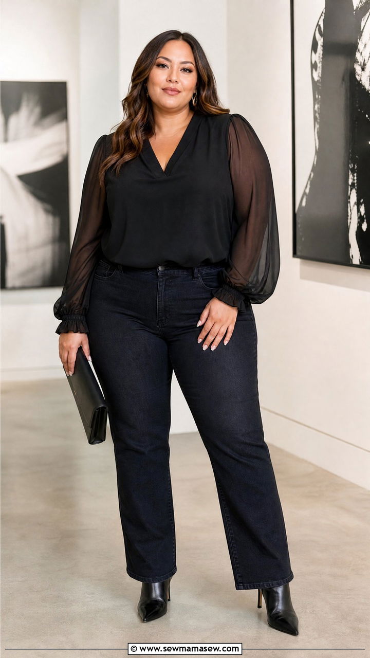 Plus Size Sheer Sleeve Blouse With Dark Denim - 20 plus size blouse outfit ideas