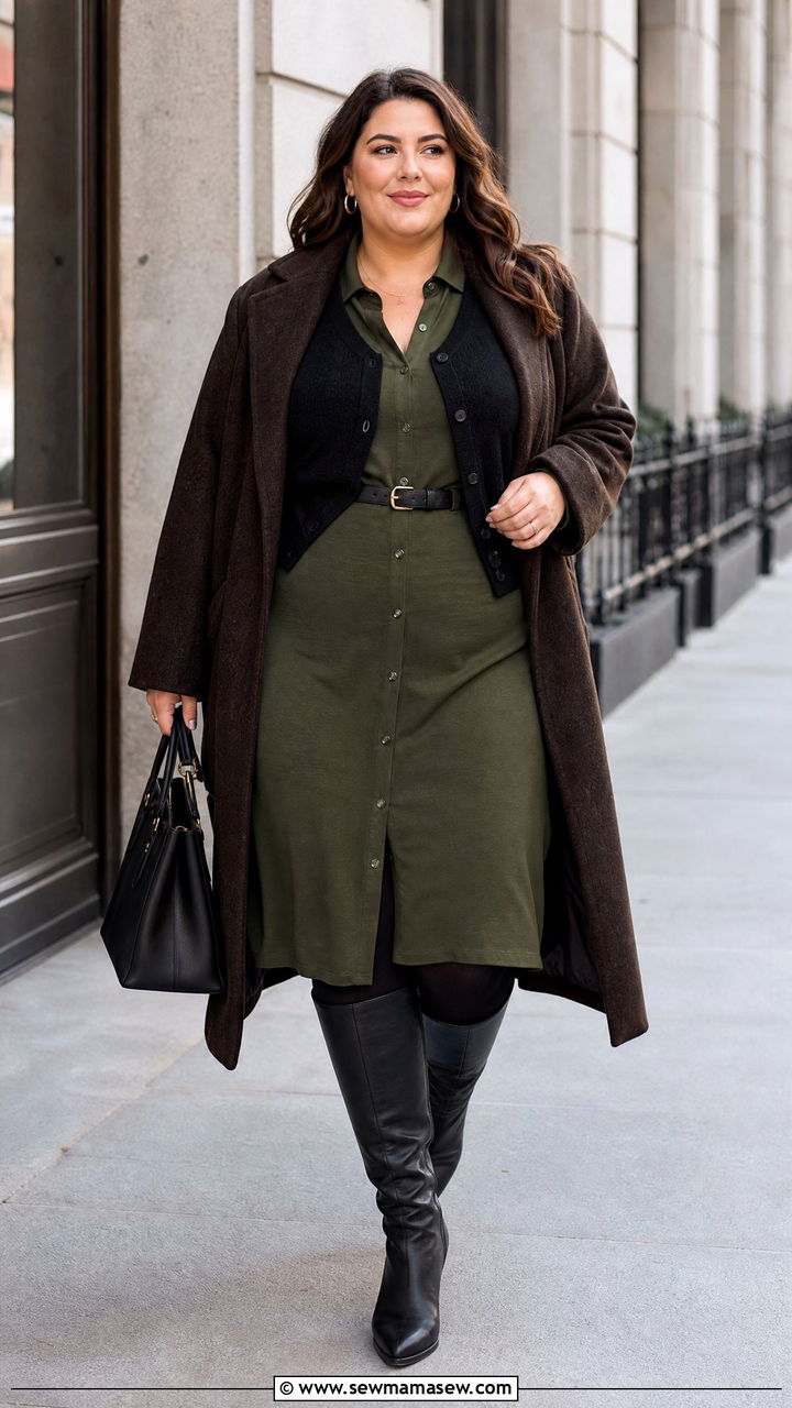 Plus Size Shirt Dress And Tall Boots Work Outfit - 20 plus size winter outfit ideas for work