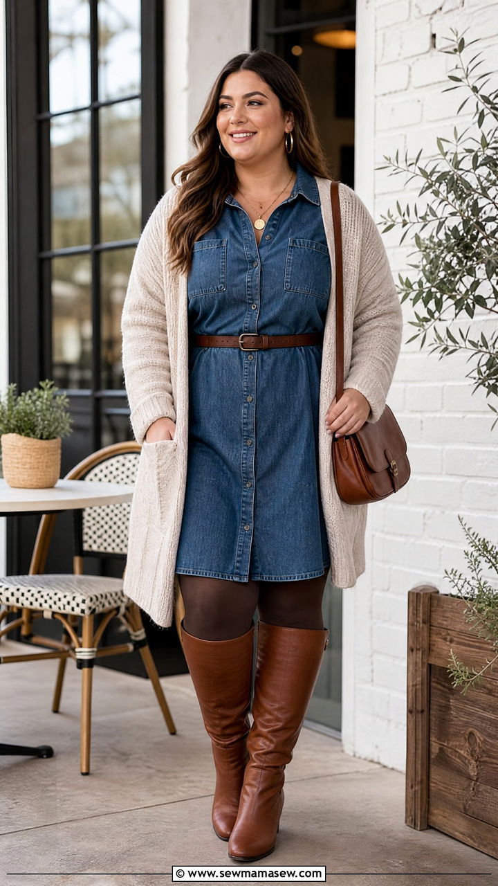 Plus Size Shirt Dress With Boots And Long Cardigan - 20 plus size winter outfit ideas with boots