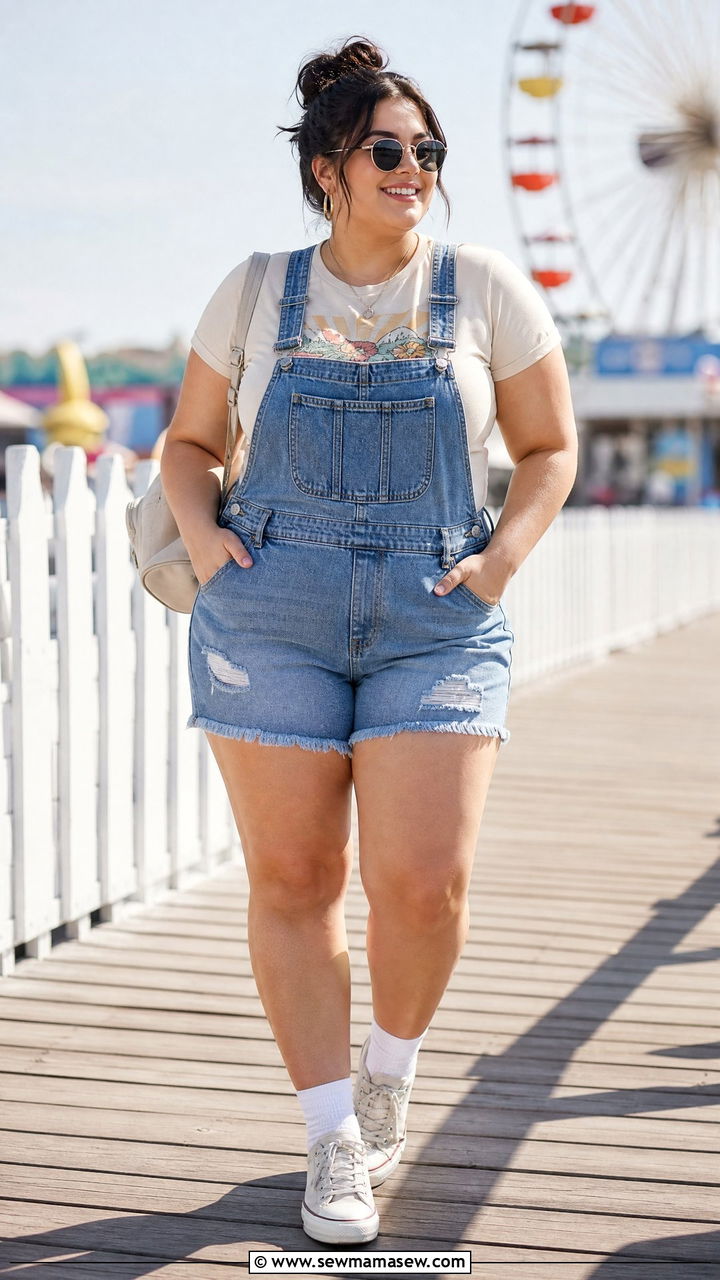 Plus Size Short Overalls With Graphic Tee - 20 plus size overalls outfit ideas