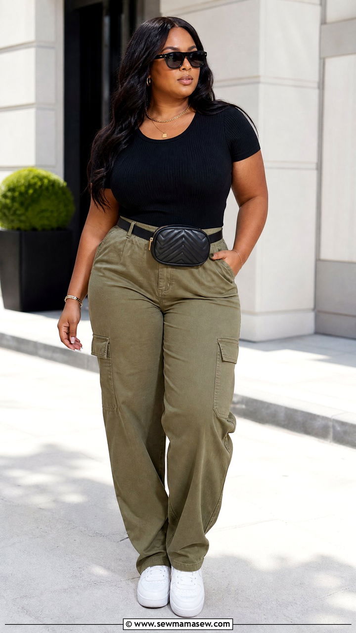 Plus Size Short Sleeve Bodysuit With Cargo Pants - 20 plus size short sleeve top outfit ideas