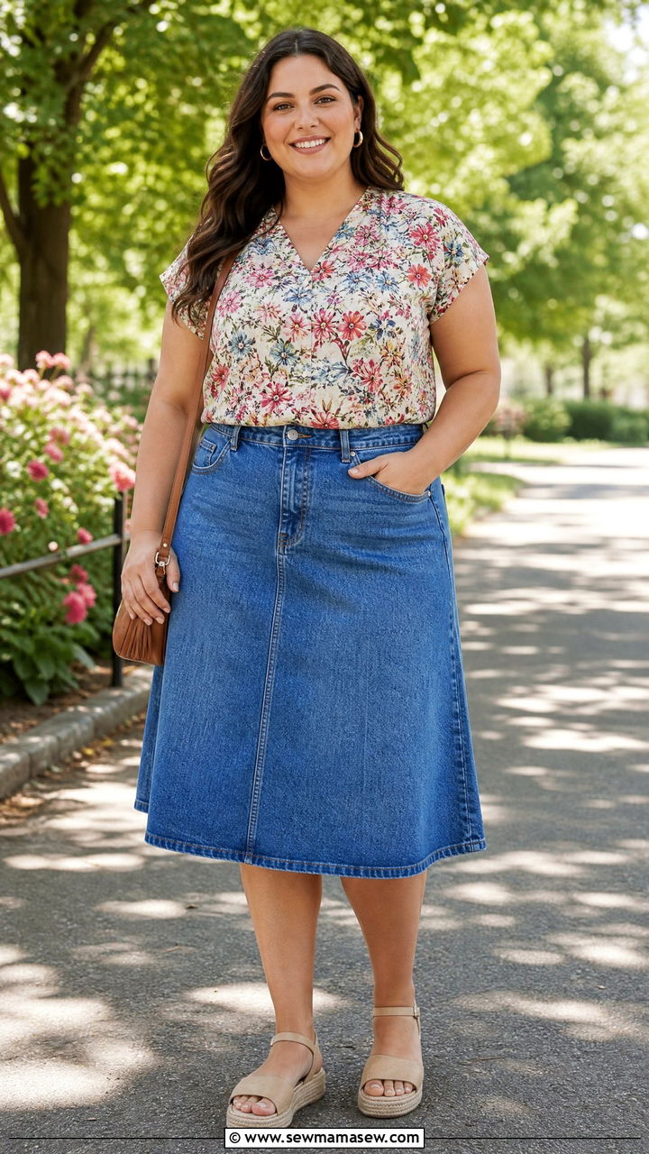Plus Size Short Sleeve Floral Top With Denim Skirt - 20 plus size short sleeve top outfit ideas