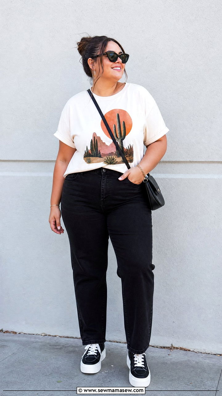 Plus Size Short Sleeve Graphic Tee With Black Jeans - 20 plus size short sleeve top outfit ideas