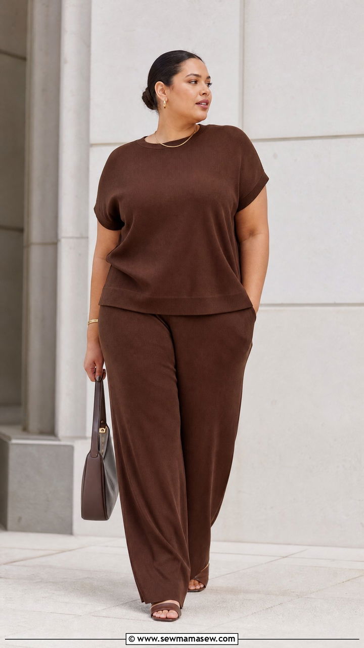 Plus Size Short Sleeve Monochrome Outfit With Matching Pants - 20 plus size short sleeve top outfit ideas