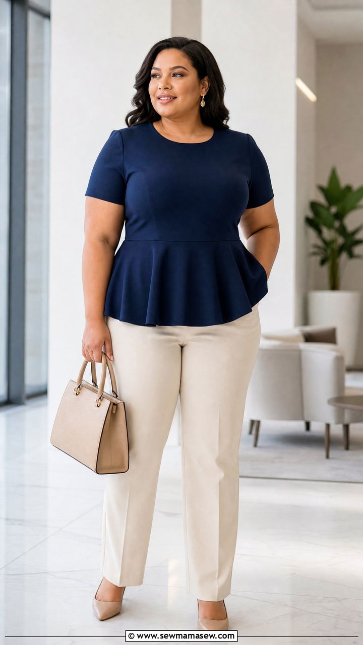 Plus Size Short Sleeve Peplum Top With Straight Leg Pants - 20 plus size short sleeve top outfit ideas